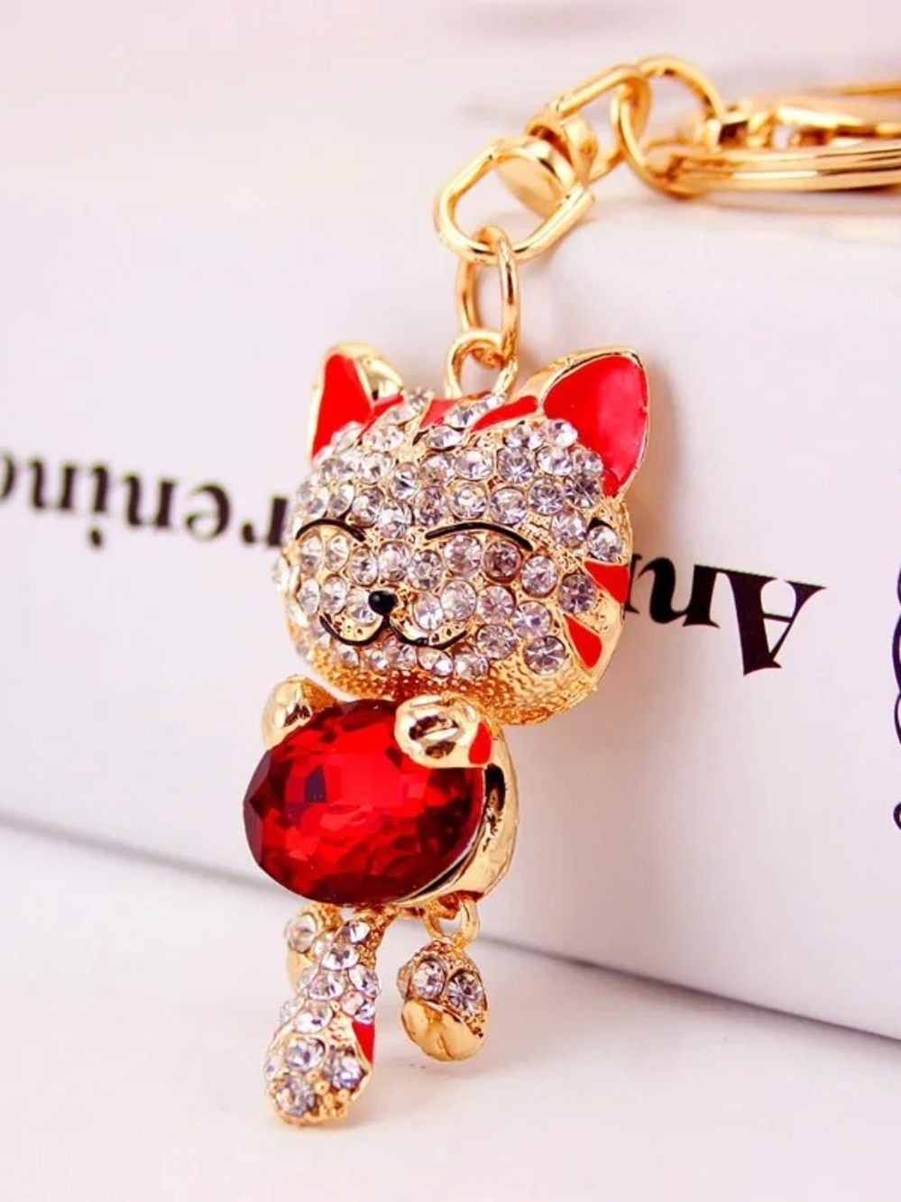 Gold-Tone Crystal Cat Pendant Keychain with Red Gem With Red Ears